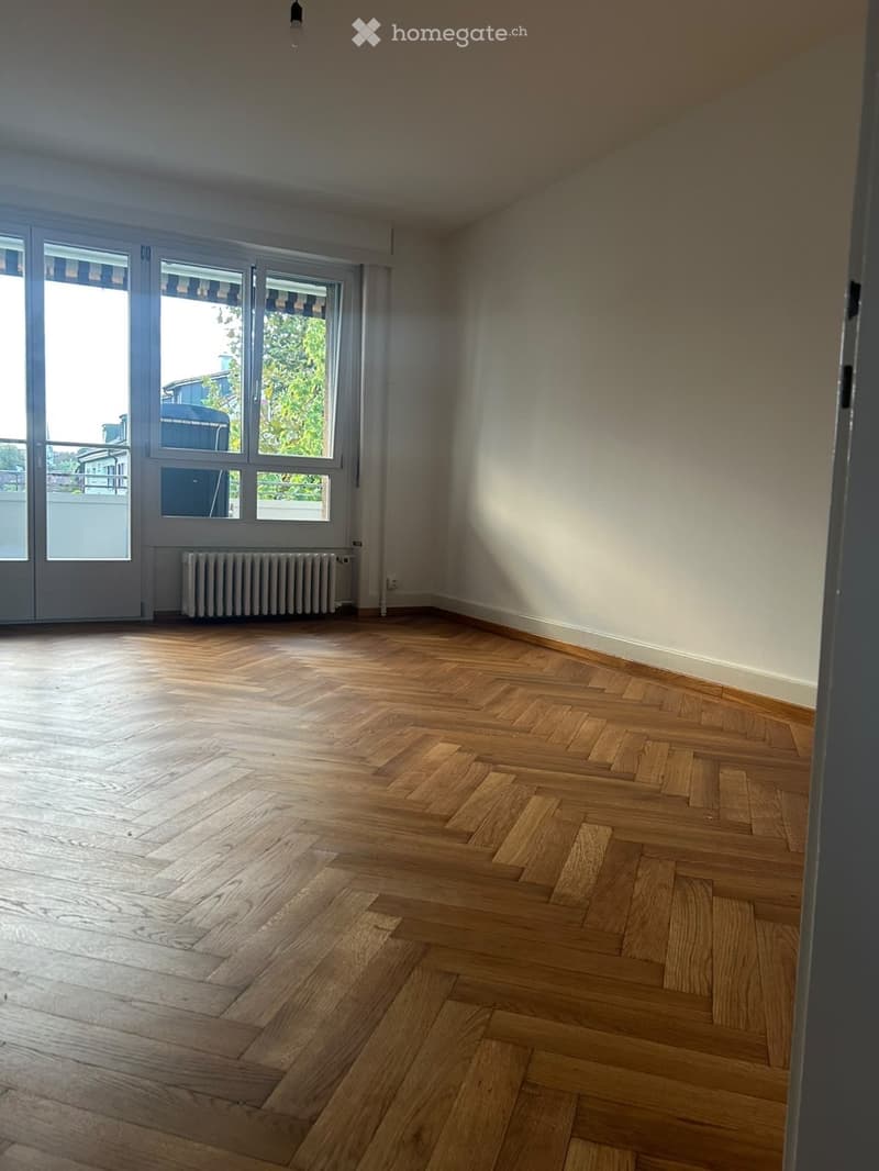 Empty room with wooden herringbone flooring, large windows with blinds, radiator, and visible light fixture on the ceiling.