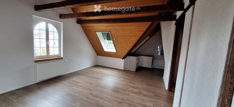 Empty attic room with wooden slanted ceiling, wooden floor, large window, skylight, and small built-in cabinet.