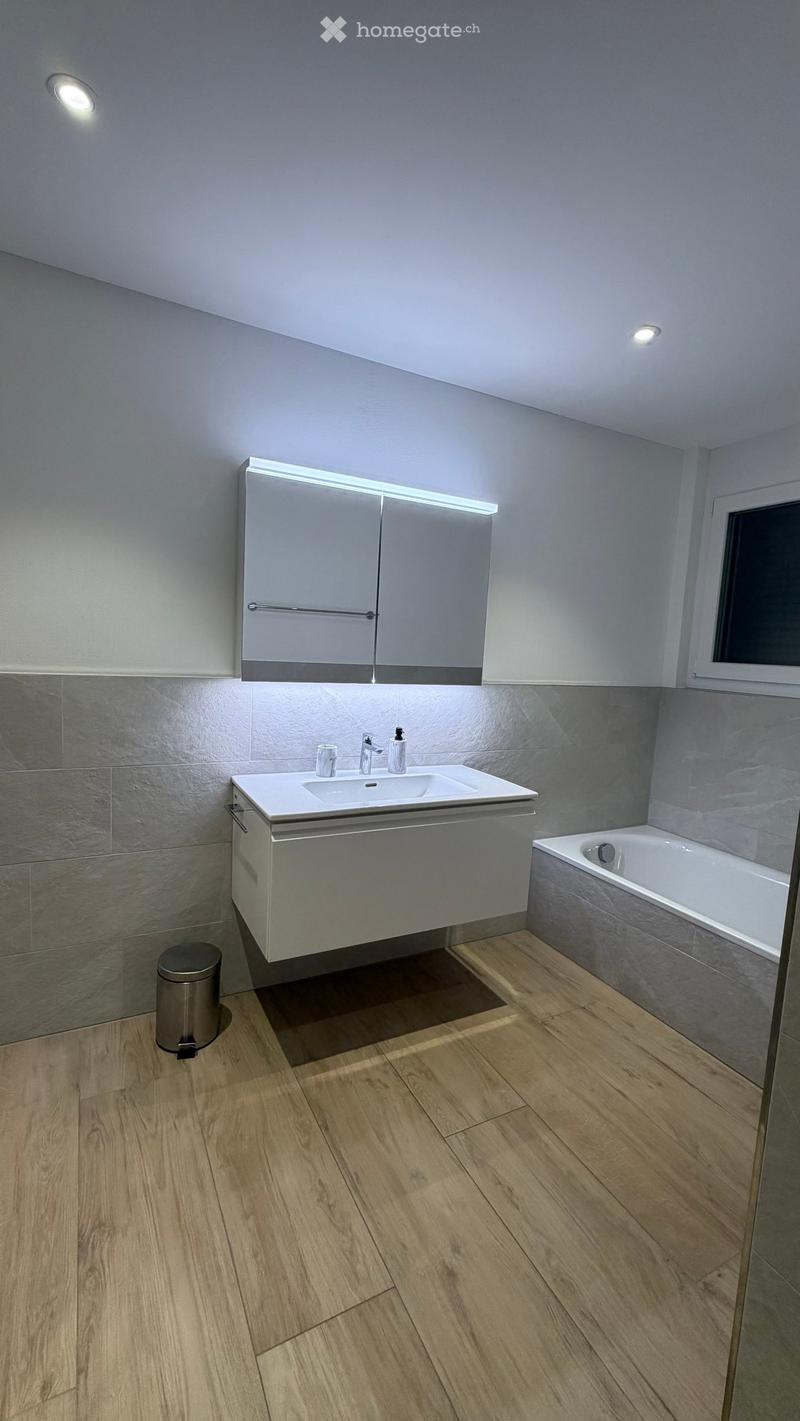 Modern bathroom with wooden flooring, grey tiles, a white sink with a modern faucet, a bathtub, a mirrored cabinet, and a small trash can.