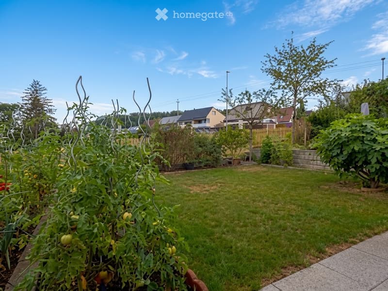 Well-maintained garden with a neatly trimmed lawn, various plants and vegetables, and a small seating area near the fence.