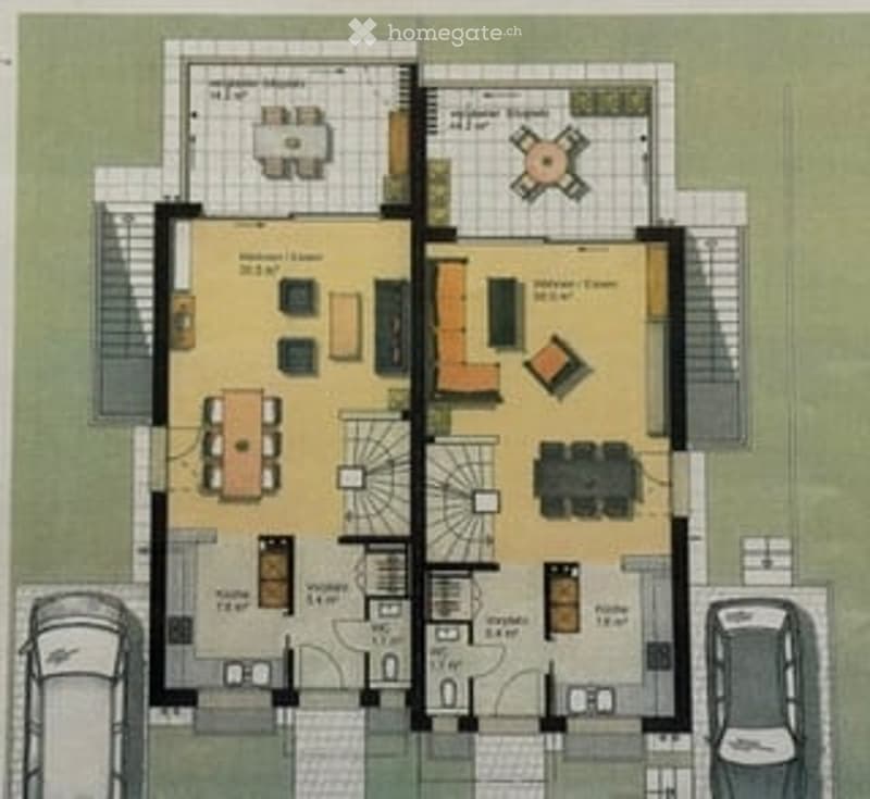 Floor plan of a two-story house with living room, dining room, kitchen, bedrooms, bathrooms, and garage.