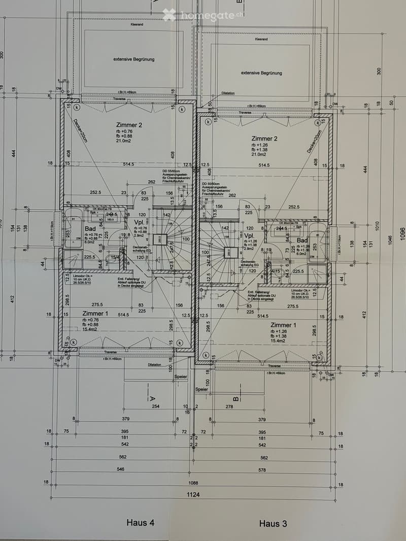 Floor plan of two houses (Haus 3 and Haus 4) showing rooms, dimensions, and structural details. Includes labeled rooms such as Zimmer 1, Zimmer 2, Bad, and Speier, along with measurements and technical annotations.