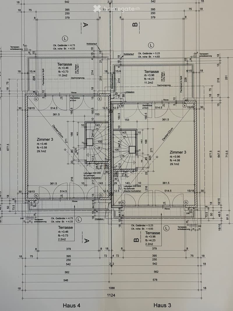 Floor plan of two houses (Haus 3 and Haus 4) showing two terraces, room dimensions, and structural details.