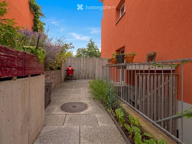 Narrow outdoor pathway between two buildings, featuring a metal railing, potted plants, a barbecue, and a wooden fence.