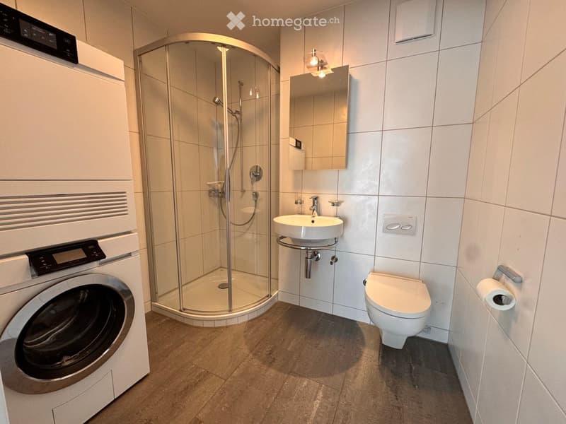Modern bathroom with a toilet, sink, mirror, glass-enclosed shower, and a washing machine.