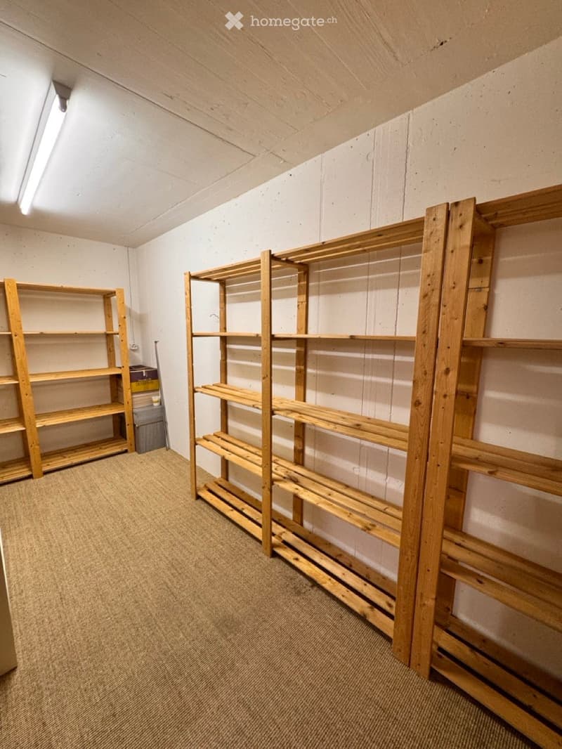 Empty room with wooden shelving units and a carpeted floor.