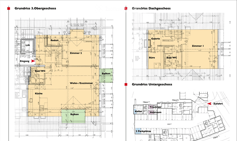 Floor plans of three levels: upper floor, roof floor, and lower floor. Includes rooms such as living/dining room, kitchen, bedrooms, bathrooms, balcony, gallery, office, and storage areas.