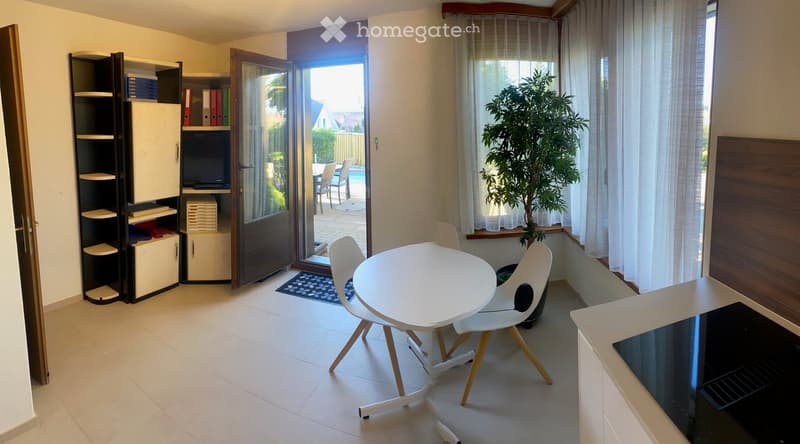 Bright room with a white table and chairs, a cabinet with a TV, and a large window with a view of the garden.