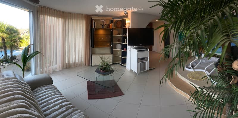 Modern living room with large windows, a sofa, coffee table, TV stand, shelves, and plants. The room has a view of a pool and outdoor area.