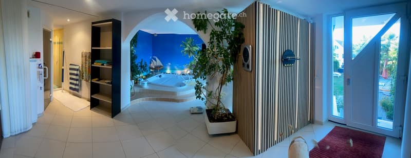 Modern bathroom with a large bathtub featuring a scenic ocean view, shelves with towels and toiletries, a potted plant, and a scale on the floor.