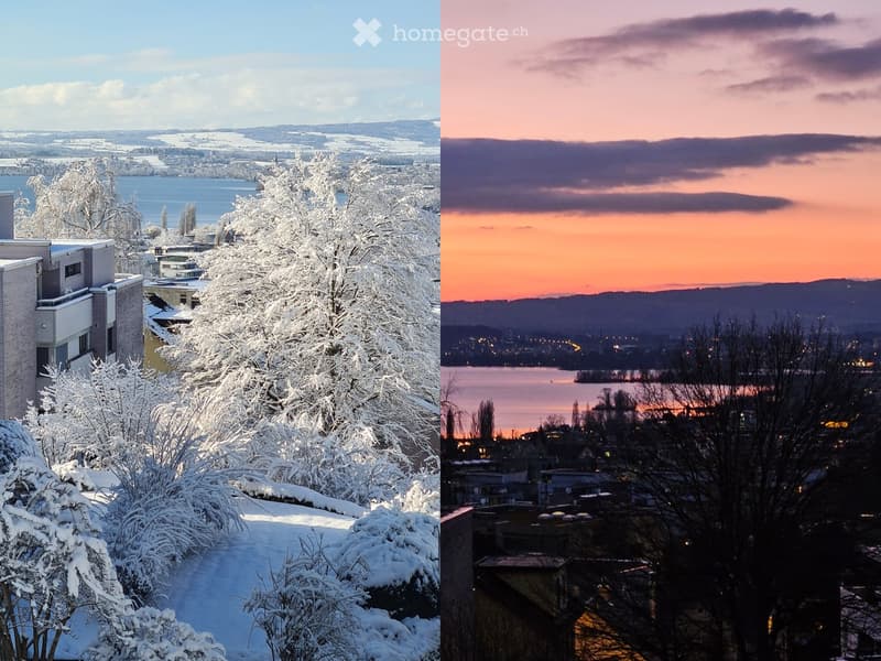 Two panoramic views: left shows a snowy garden with trees and a building, right shows a sunset view over a lake with distant hills.