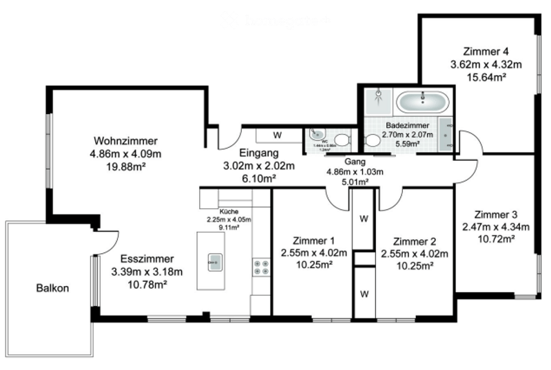 Floor plan showing a living room, kitchen, dining room, three bedrooms, and a bathroom, with a balcony.