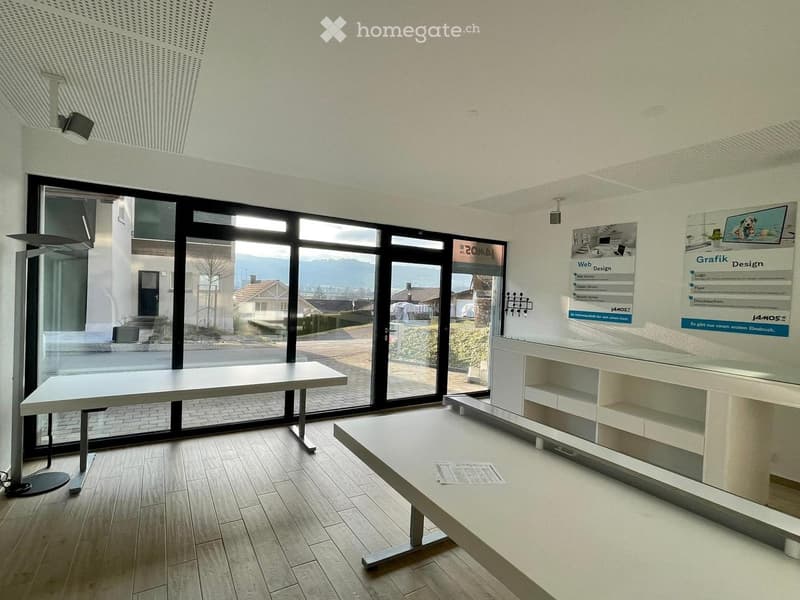Bright, modern office or reception area with large glass windows, white tables, and a white shelving unit.
