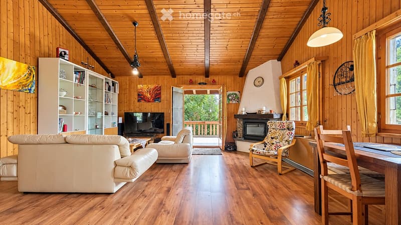 Cozy living room with wooden walls and ceiling, a fireplace, a cream-colored sofa, an armchair, a coffee table, a dining table with chairs, and a bookshelf.