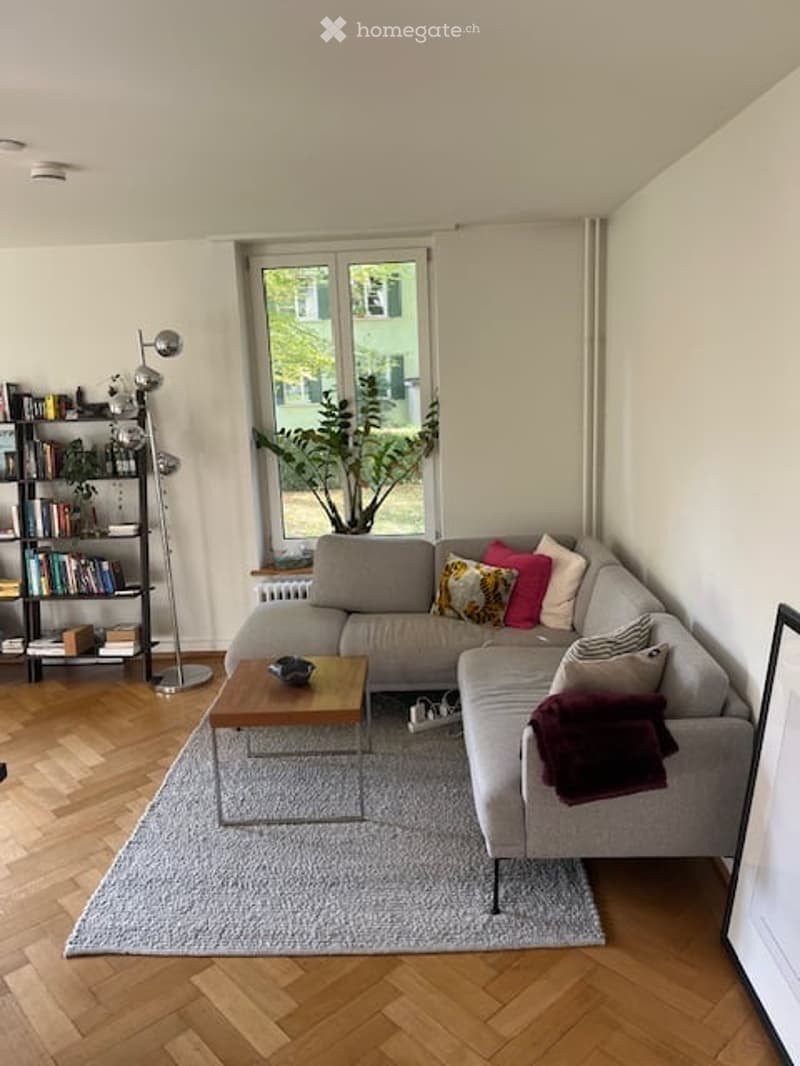 Modern living room with a grey sectional sofa, wooden coffee table, bookshelf, floor lamp, and a large plant near the window.