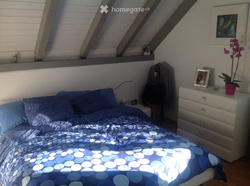 Cozy attic bedroom with slanted wooden ceilings, a neatly made bed with blue bedding, a nightstand with a lamp, a dresser, and decorative items including a potted plant and framed pictures.