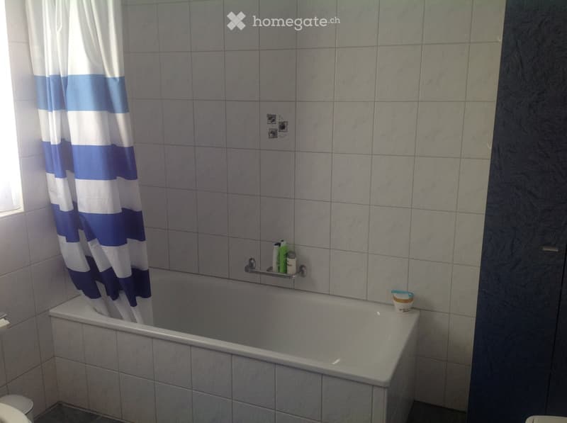Bathroom with a bathtub, shower curtain, and a shelf holding various bottles and a cup.