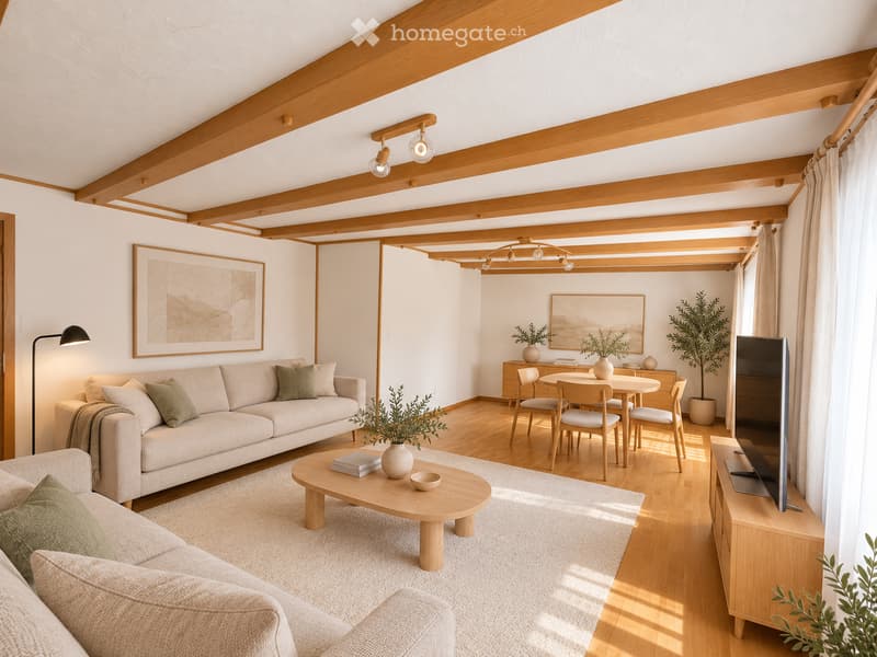 Open-plan living and dining area with wooden beams, a light-colored sofa, coffee table, dining table with chairs, and a TV stand.