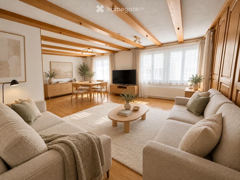 A modern living room with exposed wooden beams, a large sofa, coffee table, TV, dining area, and decorative plants.
