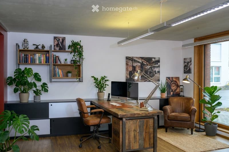 Modern office space with a wooden desk, leather chair, computer screen, floor lamp, bookshelf, and several potted plants.
