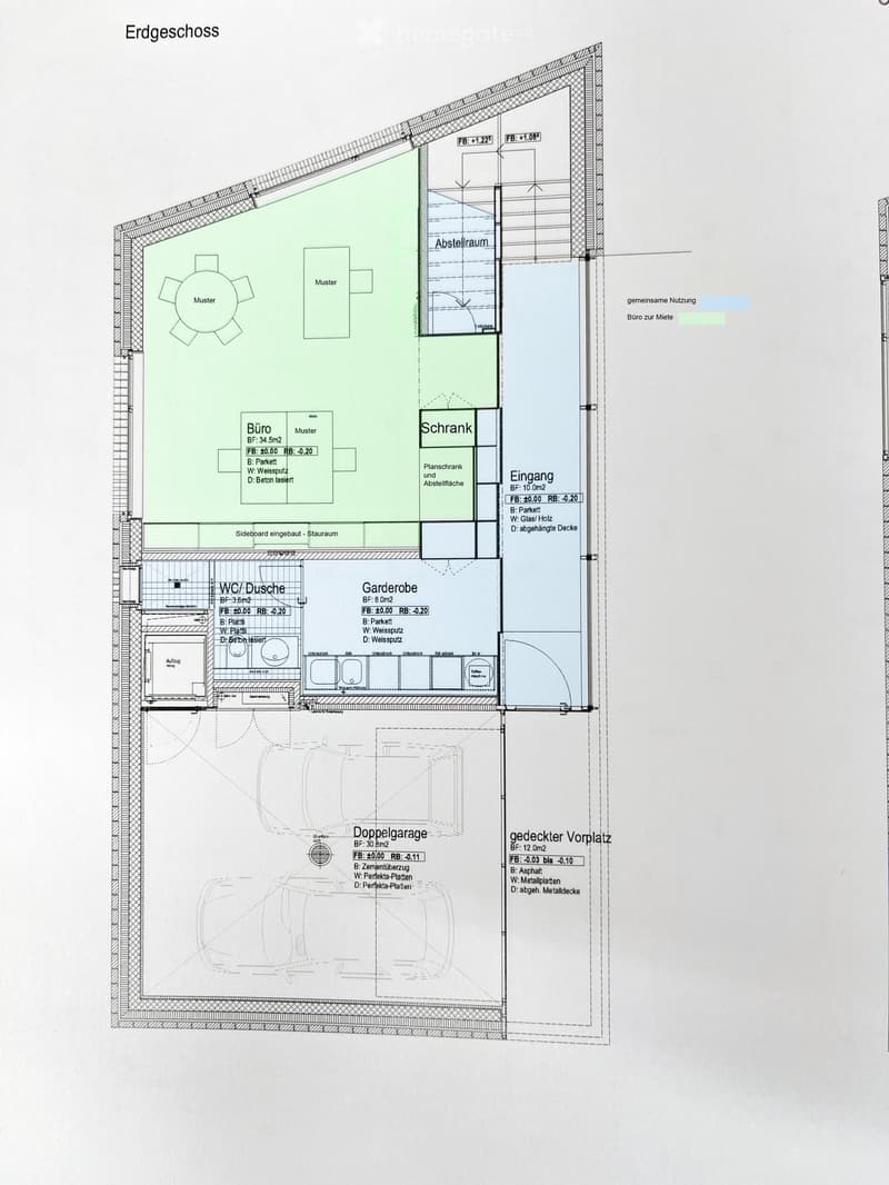 Top floor layout showing office, storage, entrance, wardrobe, WC/shower, pantry, double garage, and covered porch.