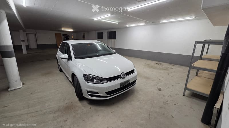Underground parking area with a white Volkswagen car parked inside, concrete floor, white walls, and fluorescent lighting.