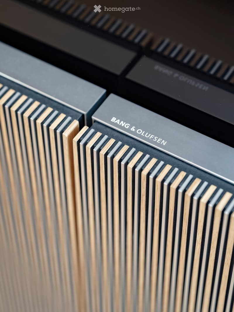 Close-up of a Bang & Olufsen speaker with a sleek, modern design featuring wooden and metallic elements.