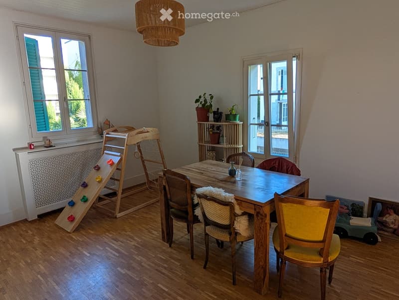 A well-lit room with wooden flooring, a dining table surrounded by chairs, a toy slide, a shelf with potted plants, and a hanging woven lamp.