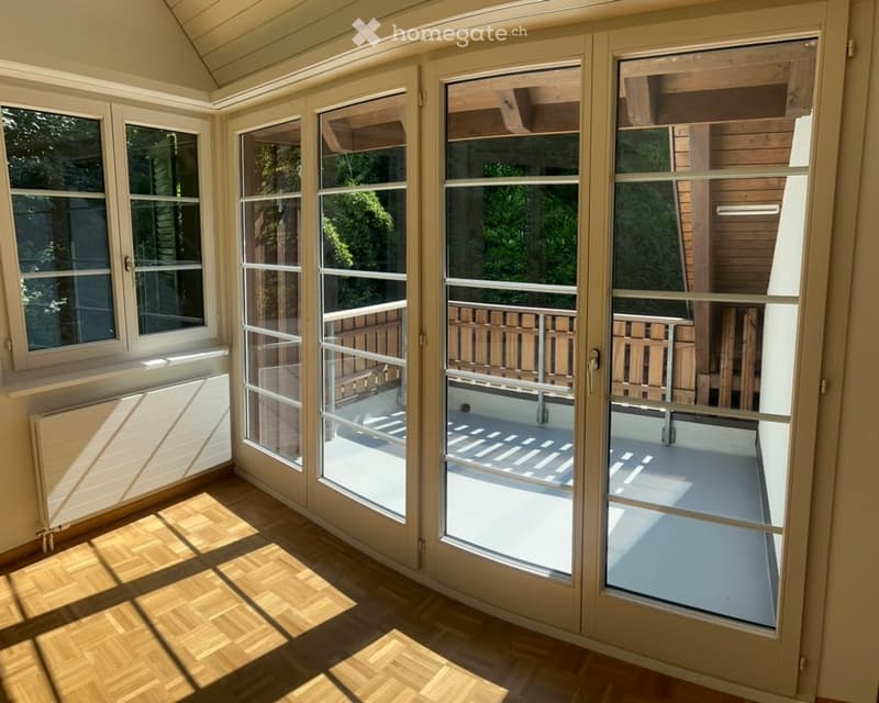 Bright, spacious balcony area with large glass doors, wooden flooring, and a view of the outdoor space.