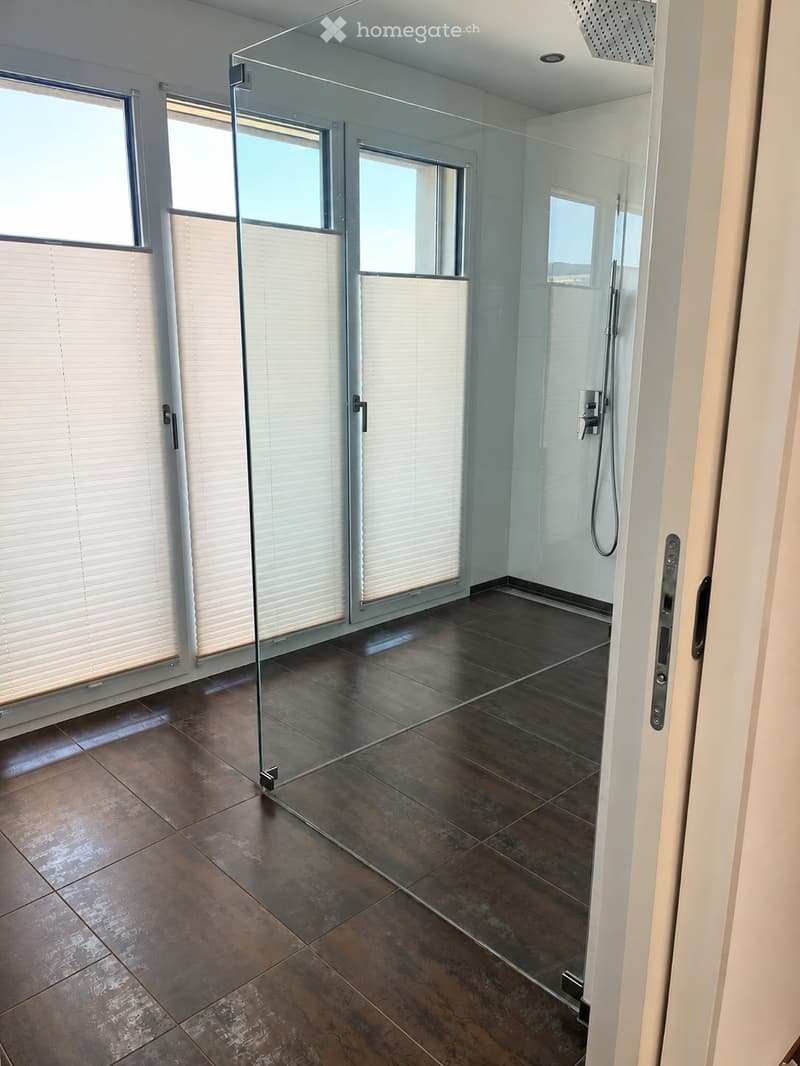 Modern bathroom with dark tiled floor, glass shower stall, and large windows with blinds.