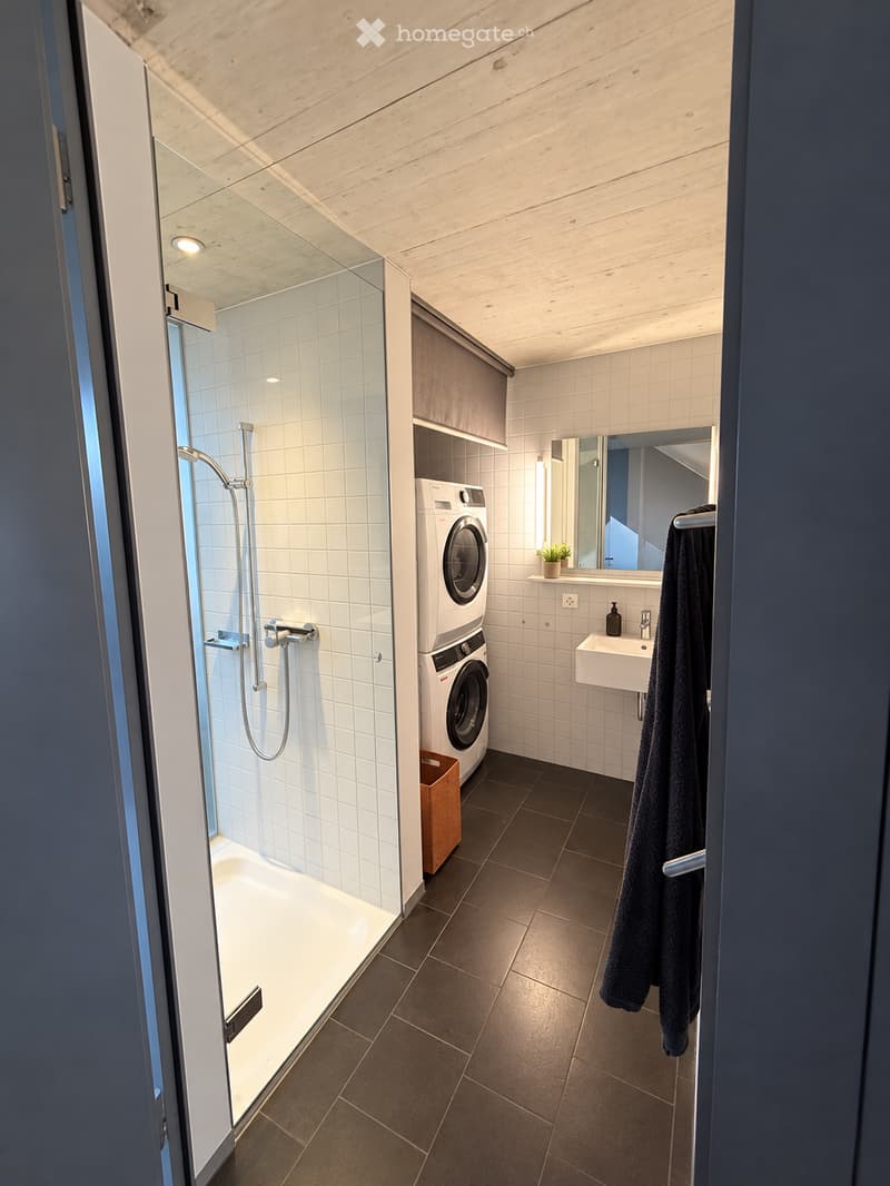 Modern bathroom with a glass-enclosed shower, a stacked washer/dryer unit, a sink with a mirror, and a towel hanging on the wall.