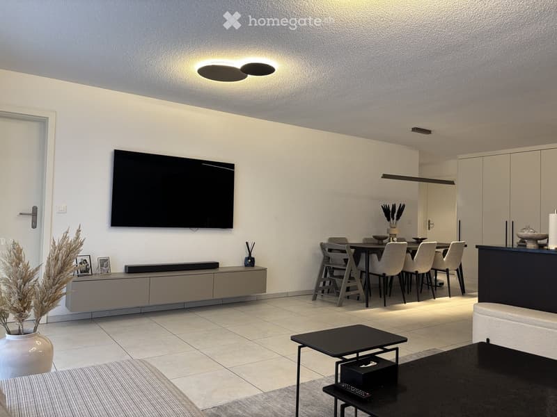 Modern living and dining area with a sofa, coffee table, dining table with chairs, television, and decorative vases.