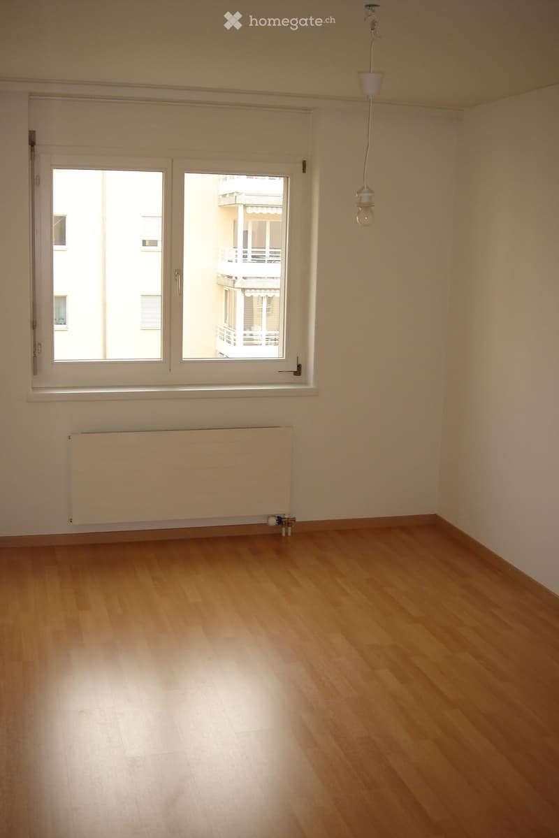 Empty room with wooden flooring, white walls, large window with view of neighboring building, radiator, and a single hanging light fixture.