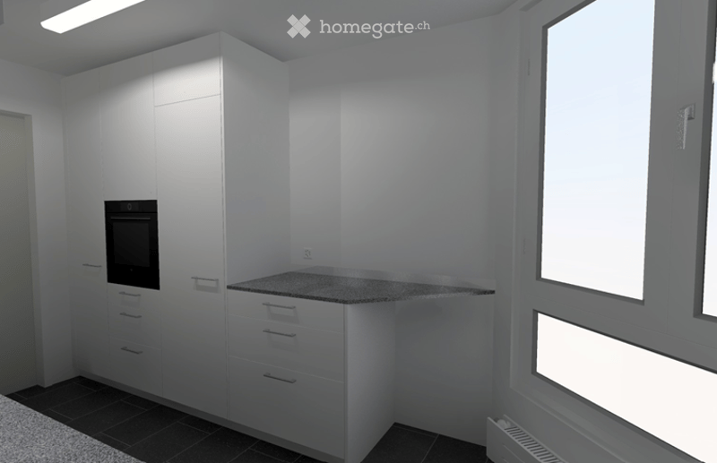 Modern kitchen with white cabinets, a built-in oven, and a granite countertop. The space is bright with large windows and a sleek design.