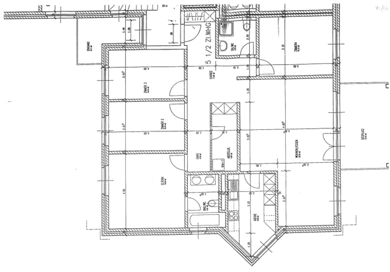 Floor plan of a residential building showing multiple rooms including living room, dining room, bedrooms, bathrooms, and kitchen.