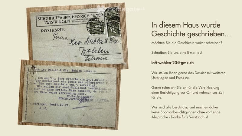 Two vintage postcards with handwritten addresses and stamps, placed on a wooden surface. The text on the right invites viewers to continue the story of the house and provides contact information.
