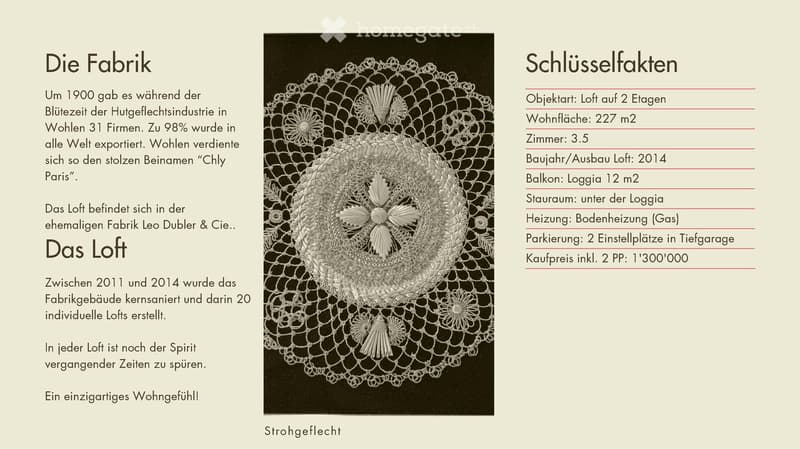 Black and white image of a decorative lace pattern, with text describing a loft in a former factory building in Wohlen, Switzerland.