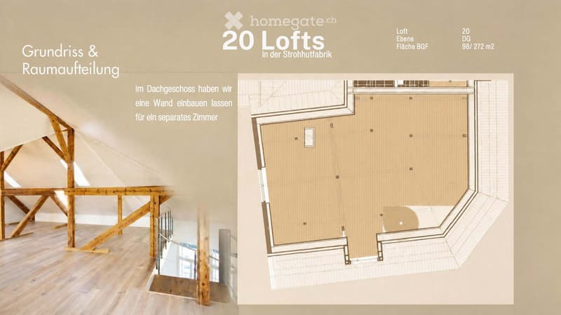 Floor plan of a loft space with wooden beams, open layout, and a separate room in the attic. Includes dimensions and floor area details.