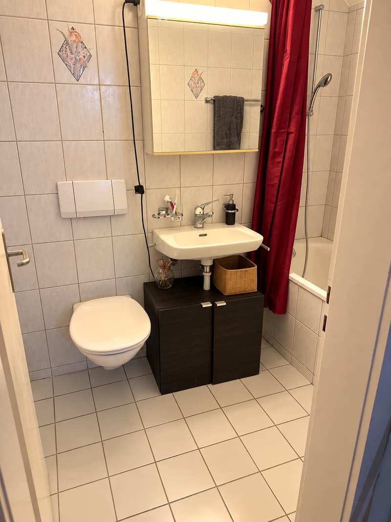 Modern bathroom with white tiles, a sink with a mirror above it, a toilet, a black cabinet, and a shower area with a red curtain.