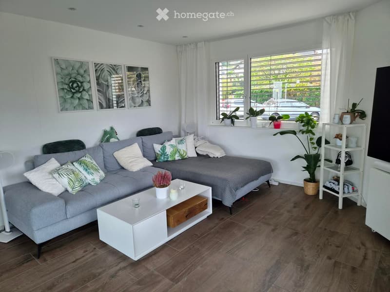 Modern living room with grey sectional sofa, white coffee table, potted plants, and large windows with white curtains.