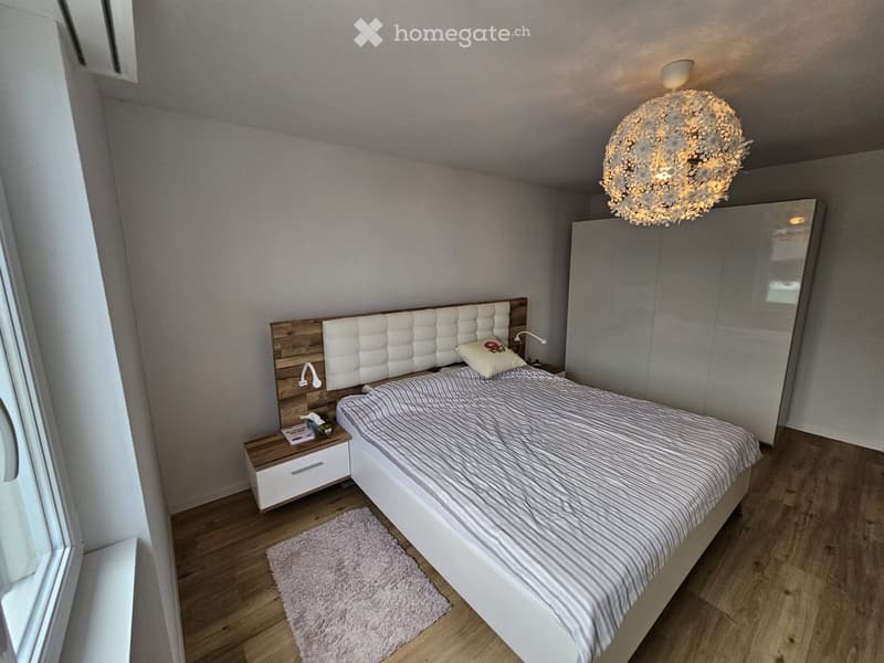 Modern bedroom with a large bed, nightstand, wardrobe, and a decorative chandelier.
