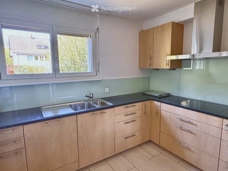 Modern kitchen with light wooden cabinets, stainless steel sink, and a range hood. The countertops are dark green, and the backsplash is light green.