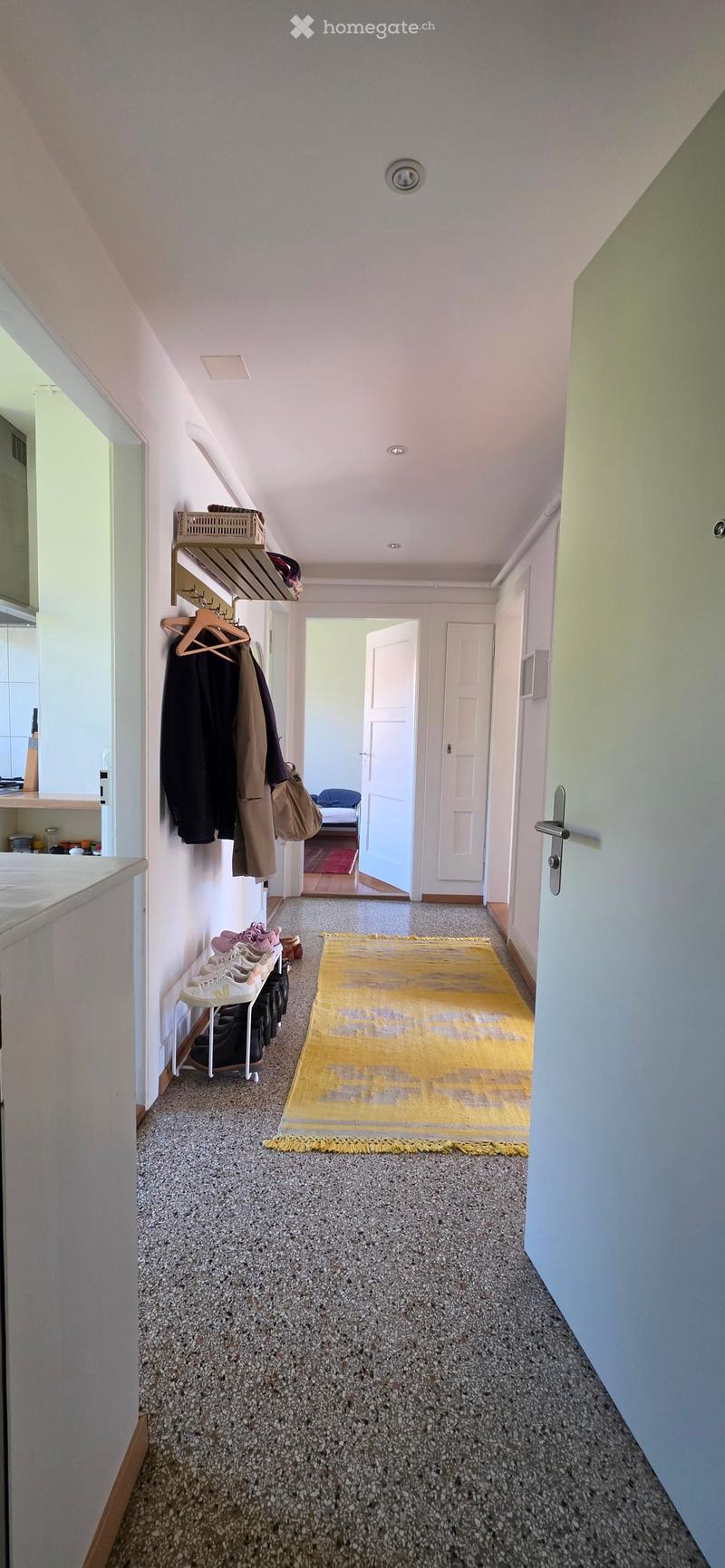 A narrow hallway with a yellow rug, coat rack, shoe rack, and open doors leading to other rooms.