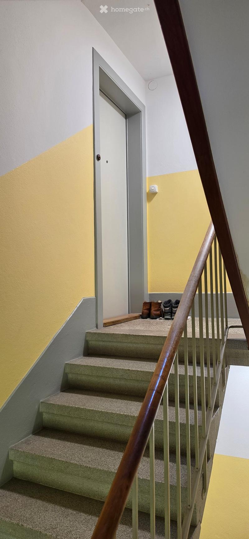 Staircase with wooden handrail, carpeted steps, and a small landing area with shoes placed on it.