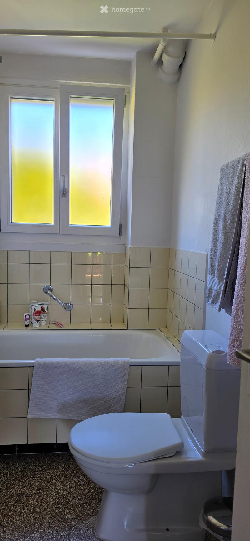 Bathroom with a toilet, bathtub, and towels hanging on the walls. There are also small items on the edge of the bathtub, including a cup and a bottle.