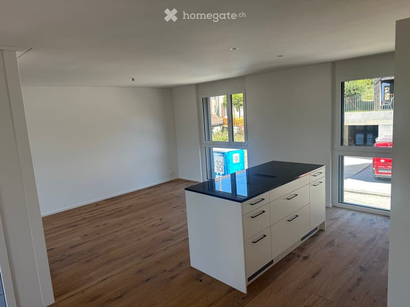Modern kitchen with white cabinets, black countertop, and wooden flooring. Large windows provide natural light and a view of the outside area.