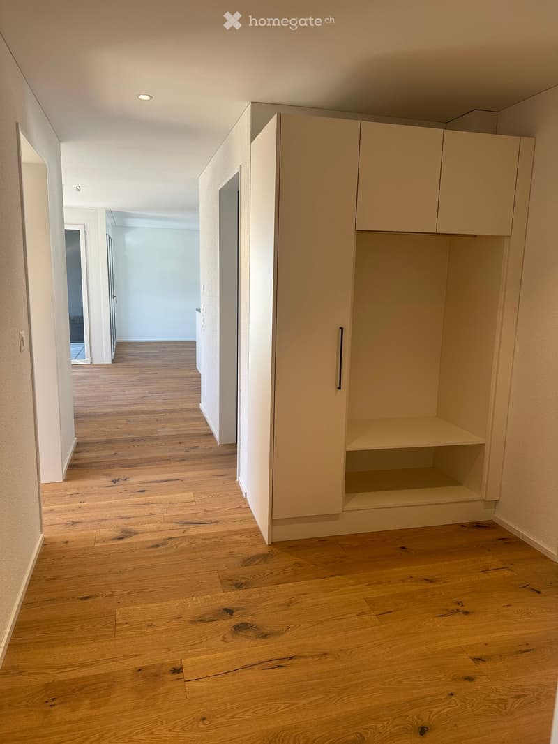 Empty hallway with light wooden flooring, white walls, and built-in storage cabinets on one side.