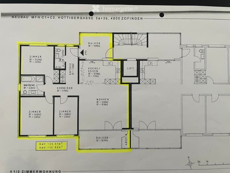 Floor plan of a 4.5-room apartment with living area, kitchen, two bedrooms, bathroom, and two balconies.