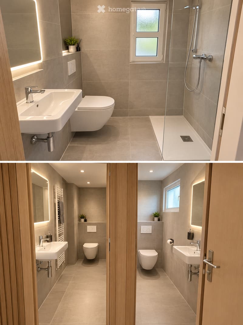 Modern bathroom with beige tiles, a white sink, toilet, and shower area. Features include a built-in shelf with a small plant, a mirror with LED lighting, and a towel rack.