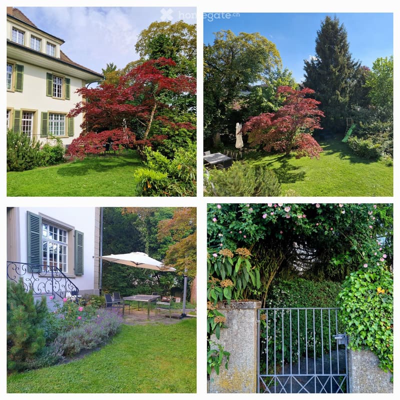 Four images showcasing a well-maintained garden area with a two-story house, lush greenery, a patio with outdoor furniture, and a decorative gate.